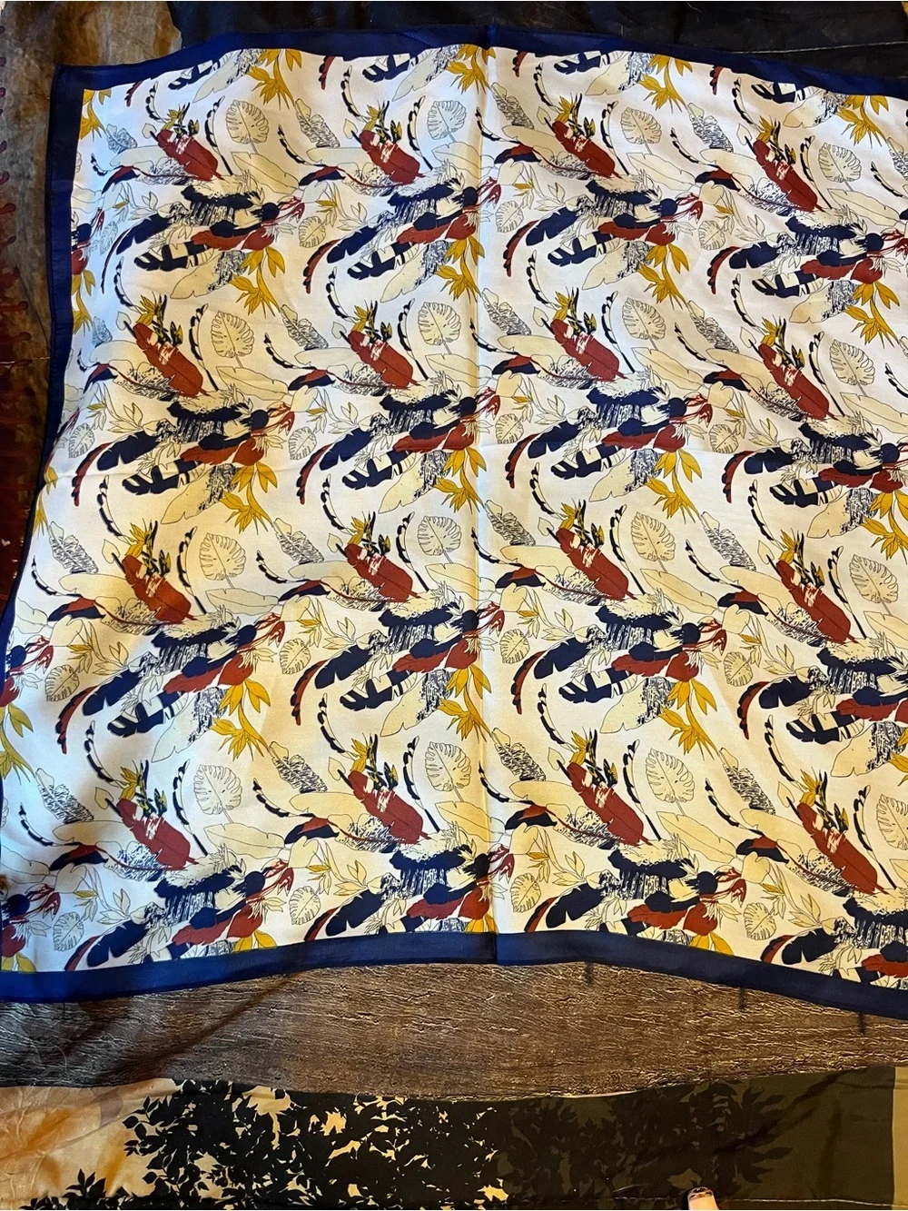 Floral Border Silk-Feel Neck Scarf in Navy and Cream